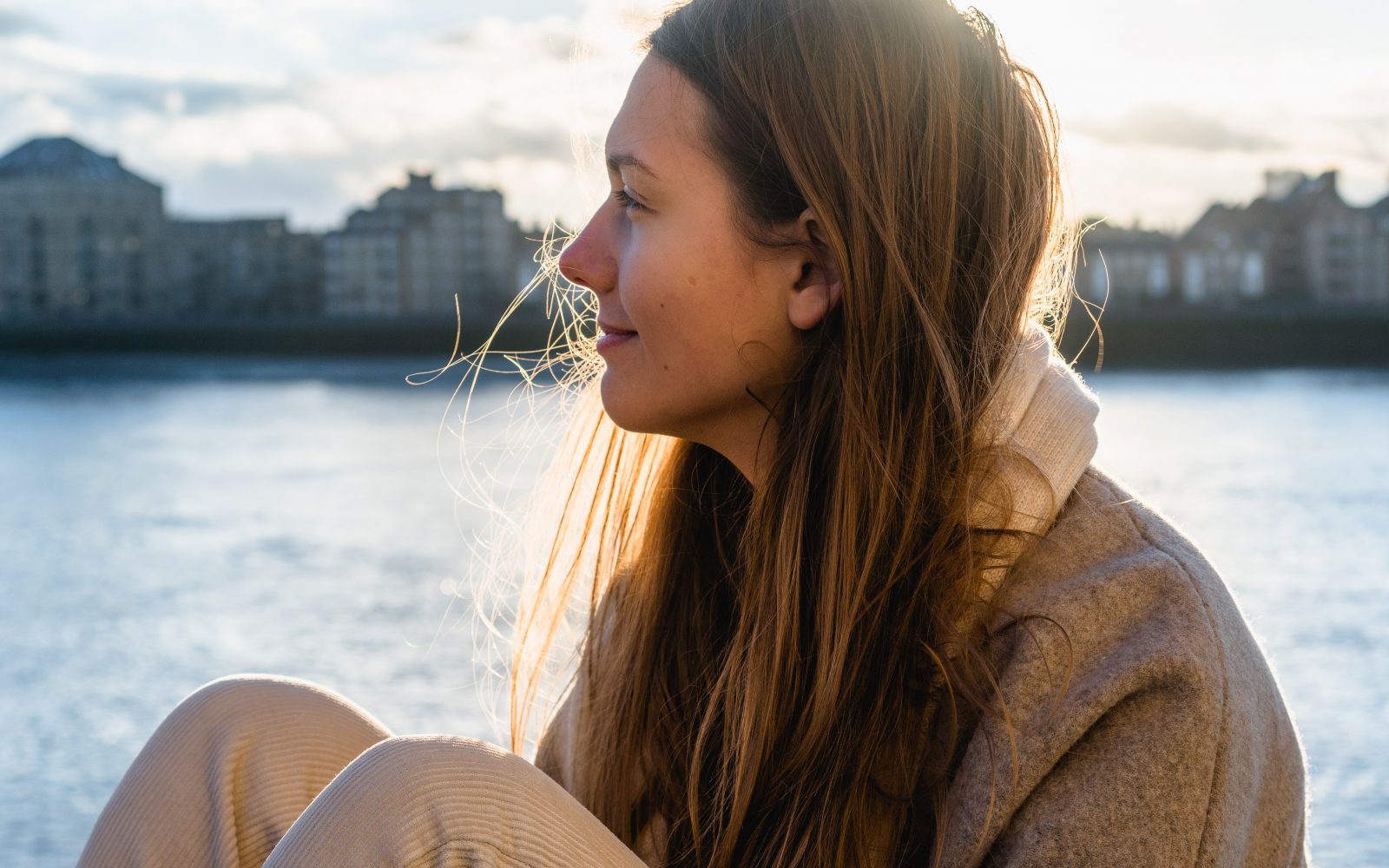woman, thinking, happy